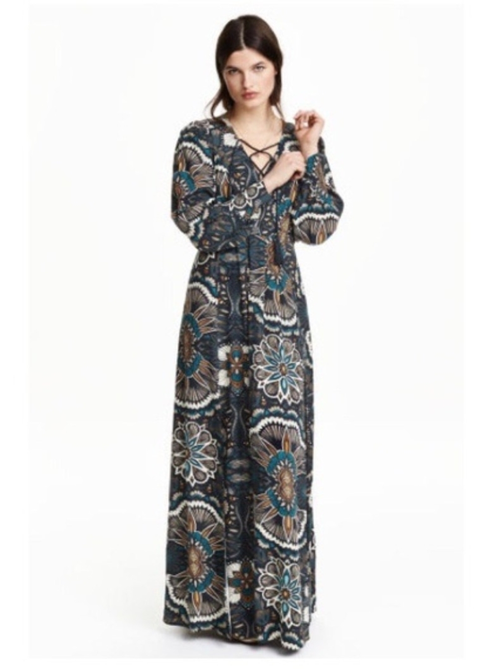 H&M Teal, Black and Brown Floral-Paisley Lace-Up Maxi Dress